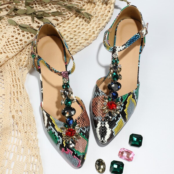 

Colorblock Snakeskin Pattern Diamond Decor Flats, Multicolor