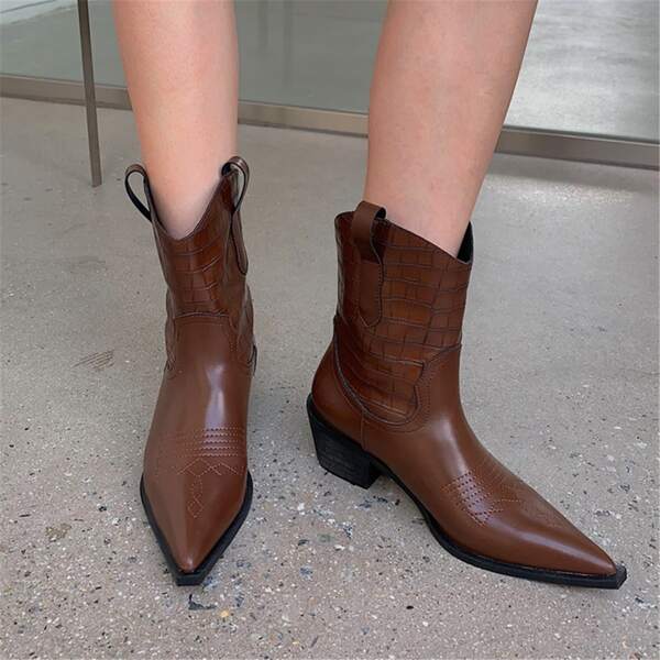 

Croc Embossed Chunky Heeled Western Boots, Brown