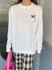 卡通圖案落肩袖套頭衫 - 白色 - 查看 1