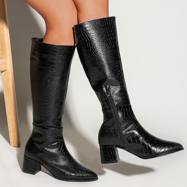 

Croc Embossed Side Zip Chunky Heeled Boots, Black