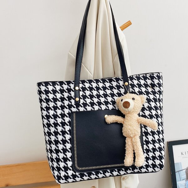 

Houndstooth Shoulder Tote Bag With Bag Charm, Black and white