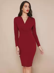 SHEIN Belle Vestido sólido color rojo burdeos con cuello cruzado y borde con abertura - Burdeos - Ver 5