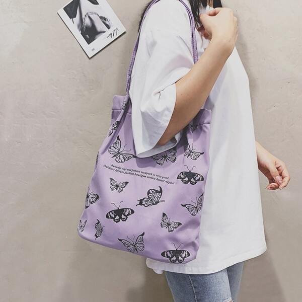 

Butterfly & Letter Graphic Shopper Bag, Purple
