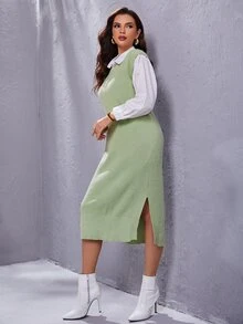 Mulvari Ladies áo len váy Tách cao màu trơn Giải trí - Màu xanh Bạc hà - Xem 5