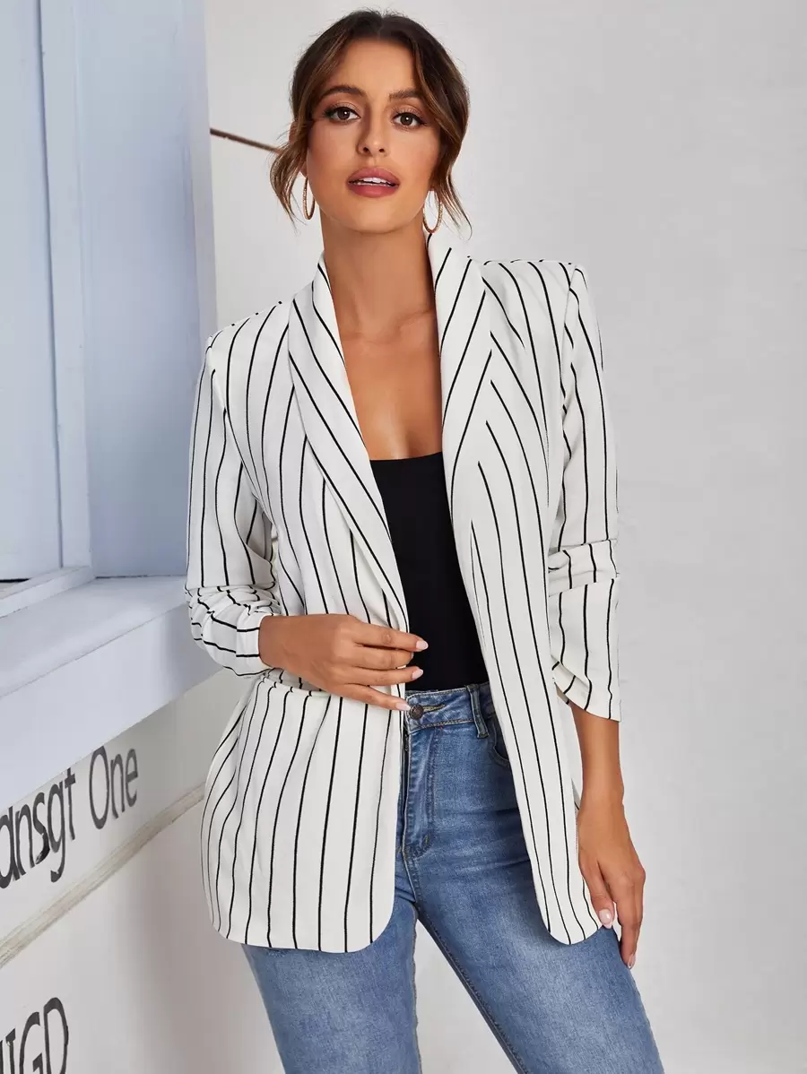 BizChic Pinstriped Shawl Collar Pocket Front Blazer Workwear In Fall/Winter - White - View 1
