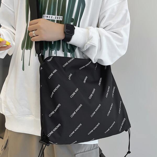 

Men Letter Graphic Drawstring Design Crossbody Bag, Black