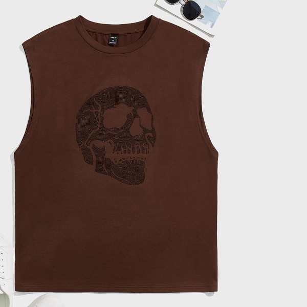 

Men Rhinestone Skull Pattern Tank Top, Rust brown