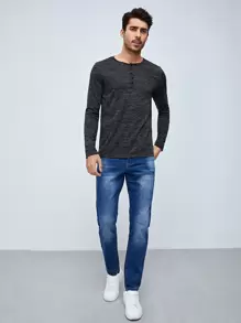 GENTILAND Men Single Breasted Long Sleeve Tee - Dark Grey - View 3