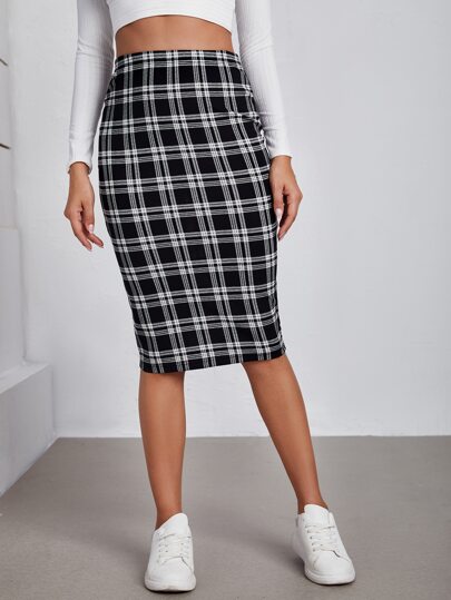 SHEIN High Waist Plaid Pencil Skirt
