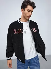 Manfinity VCAY Oversized Men's Letter Embroidery Teddy Varsity Jacket, For Fall Winter - Black - View 1