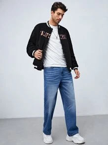 Manfinity VCAY Oversized Men's Letter Embroidery Teddy Varsity Jacket, For Fall Winter - Black - View 3