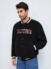 Manfinity VCAY Oversized Men's Letter Embroidery Teddy Varsity Jacket, For Fall Winter - Black - View 4