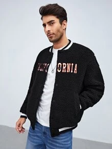 Manfinity VCAY Oversized Men's Letter Embroidery Teddy Varsity Jacket, For Fall Winter - Black - View 5