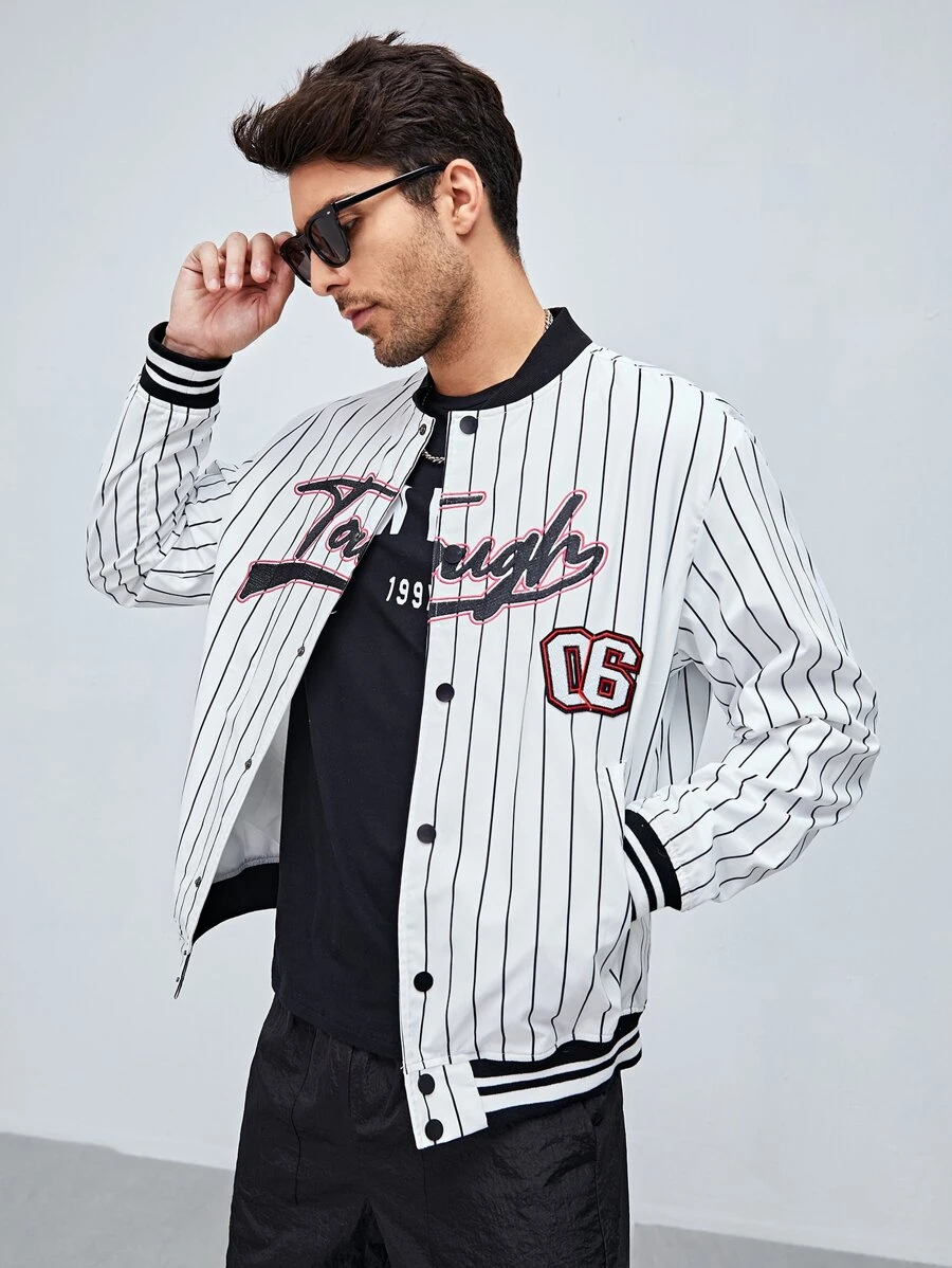 Manfinity Men Pinstriped Letter Embroidery Varsity Jacket - White - View 1