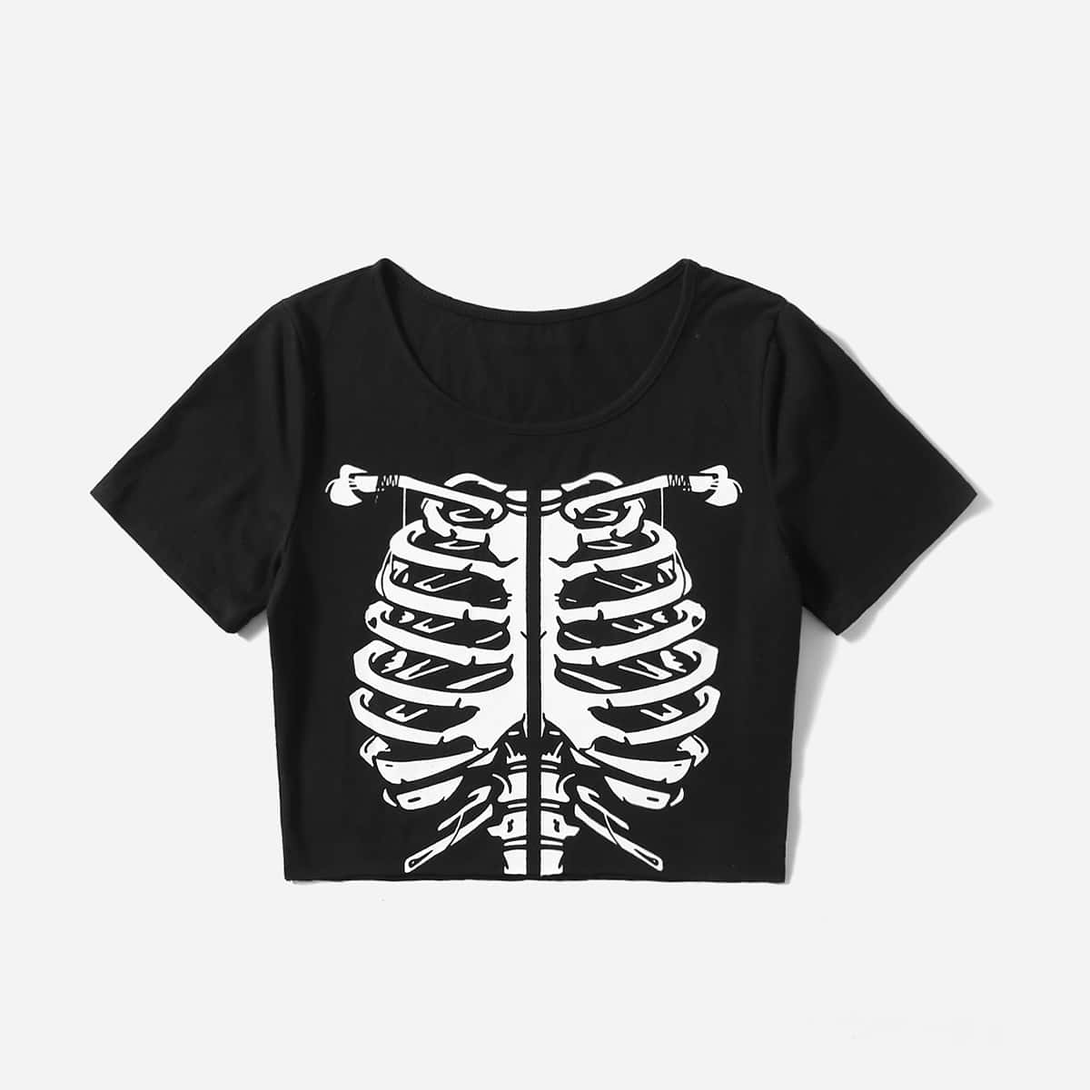 

Skeleton Print Crop Tee, Black