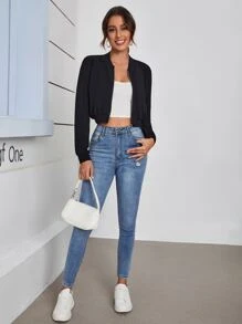 SHEIN Essnce 秋冬拉链短款飞行员夹克 - 黑色 - 查看 3