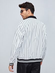 Manfinity Men Pinstriped Letter Embroidery Varsity Jacket - White - View 2