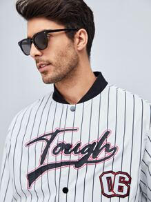 Manfinity Men Pinstriped Letter Embroidery Varsity Jacket - White - View 3