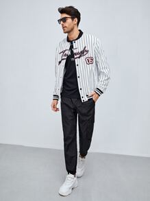 Manfinity Men Pinstriped Letter Embroidery Varsity Jacket - White - View 4