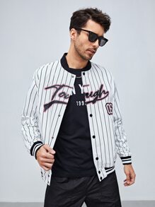 Manfinity Men Pinstriped Letter Embroidery Varsity Jacket - White - View 5