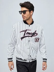 Manfinity Men Pinstriped Letter Embroidery Varsity Jacket - White - View 6