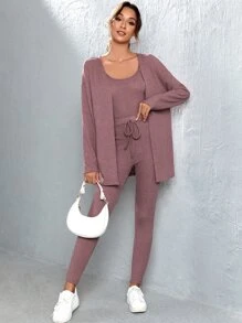 SHEIN Unity Bộ đồ hai mảnh nữ Thắt nút màu trơn Giải trí - Bụi hồng - Xem 1