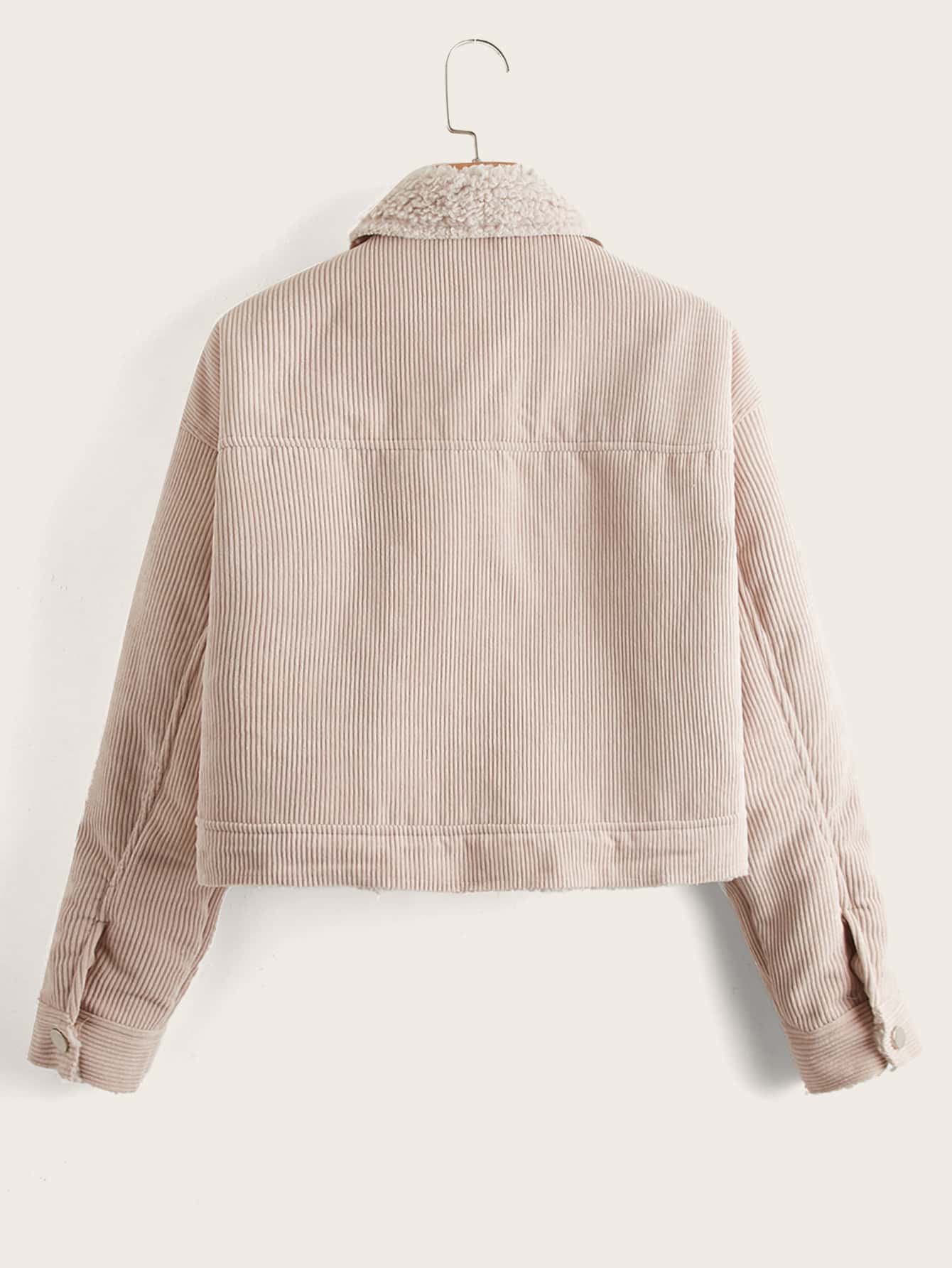 SHEIN Giacca patta spalle cadenti teddy foderato di velluto a coste - Albicocca - Visualizzare 2