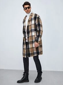 Manfinity VCAY Loose Fit Men's Plaid Lapel Neck Double-Breasted Overcoat, For Fall Winter - Khaki - View 1