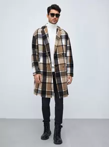 Manfinity VCAY Loose Fit Men's Plaid Lapel Neck Double-Breasted Overcoat, For Fall Winter - Khaki - View 5