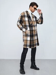 Manfinity VCAY Loose Fit Men's Plaid Lapel Neck Double-Breasted Overcoat, For Fall Winter - Khaki - View 4