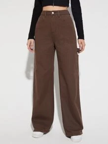 高腰闊腿牛仔褲 - 巧克力棕 - 查看 3