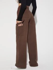 高腰闊腿牛仔褲 - 巧克力棕 - 查看 2