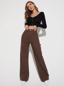 高腰闊腿牛仔褲 - 巧克力棕 - 查看 4