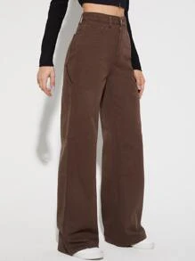 高腰闊腿牛仔褲 - 巧克力棕 - 查看 5