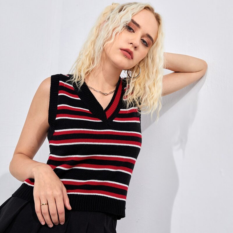 

Striped Pattern Sweater Vest, Multicolor