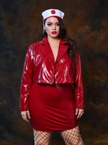 ROMWE PUNK Plus Notched Collar Faux Patent Blazer And Skirt Set - Red - View 1
