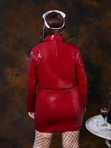 ROMWE PUNK Plus Notched Collar Faux Patent Blazer And Skirt Set - Red - View 2