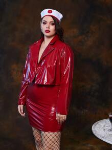 ROMWE PUNK Plus Notched Collar Faux Patent Blazer And Skirt Set - Red - View 4