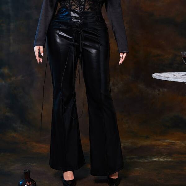 

Plus Flare Leg PU Leather Pants, Black
