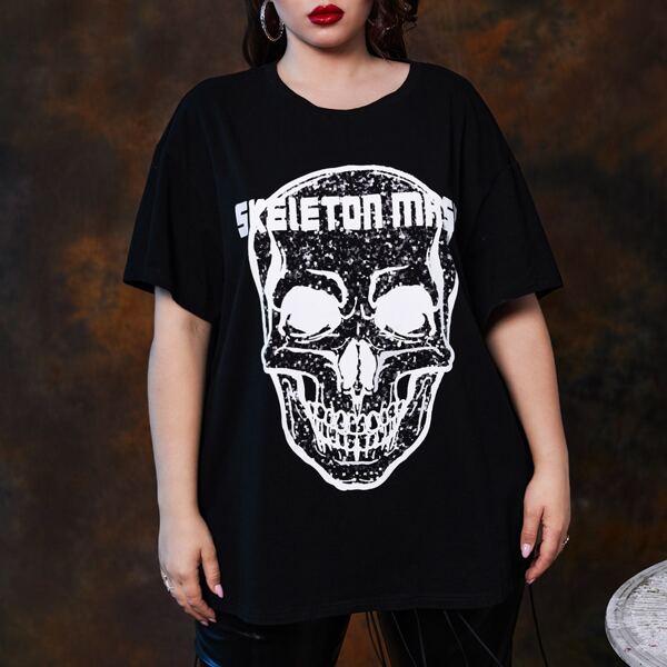 

Plus Drop Shoulder Skull & Letter Print Tee, Black