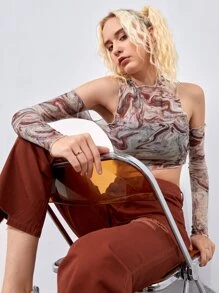 性感木耳邊大理石紋女士上衣 - 彩色 - 查看 1