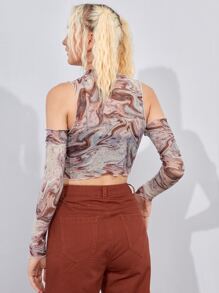 性感木耳邊大理石紋女士上衣 - 彩色 - 查看 2