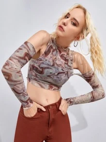 性感木耳邊大理石紋女士上衣 - 彩色 - 查看 4