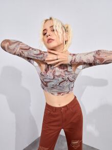 性感木耳邊大理石紋女士上衣 - 彩色 - 查看 5