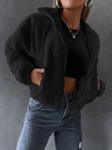 SHEIN Unity Solid Pocket Zipper Fly Padded Coat, Ladies Late Fall Casual Pocket, Zipper Drop Shoulder Collar Regular Fit Black Plain Women Padded Coats, Winter Warmth/ Winter Fashion - Black - View 1