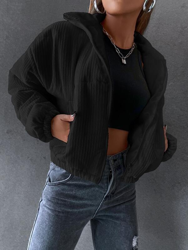 Women's Solid Color Pocket Zipper Thick Jacket, Casual Pocket, Dropped Shoulder Regular Fit Black Solid Color Thick Jacket For Women, Warm For Winter/Winter Fashion