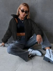 SHEIN Unity Solid Pocket Zipper Fly Padded Coat, Ladies Late Fall Casual Pocket, Zipper Drop Shoulder Collar Regular Fit Black Plain Women Padded Coats, Winter Warmth/ Winter Fashion - Black - View 3