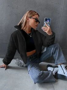 SHEIN Unity Solid Pocket Zipper Fly Padded Coat, Ladies Late Fall Casual Pocket, Zipper Drop Shoulder Collar Regular Fit Black Plain Women Padded Coats, Winter Warmth/ Winter Fashion - Black - View 5