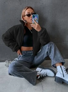 SHEIN Unity Solid Pocket Zipper Fly Padded Coat, Ladies Late Fall Casual Pocket, Zipper Drop Shoulder Collar Regular Fit Black Plain Women Padded Coats, Winter Warmth/ Winter Fashion - Black - View 6