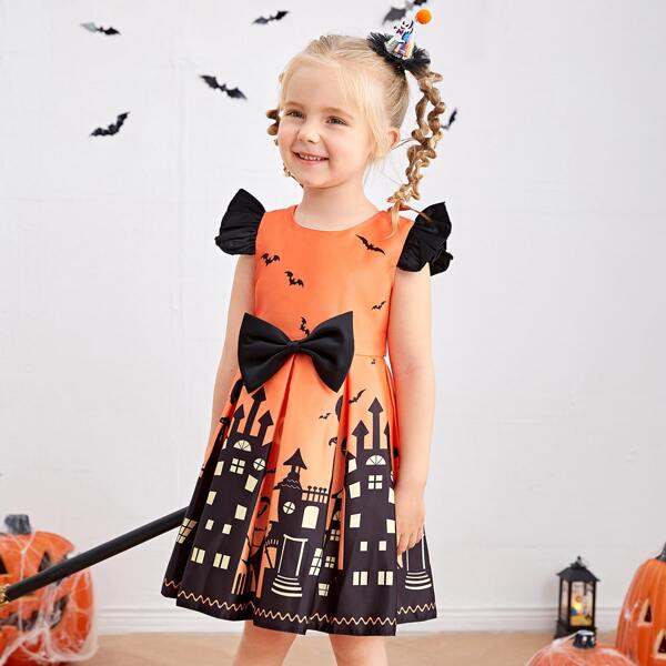 

Toddler Girls Halloween Print Bow Pleated Hem Gown Dress, Multicolor